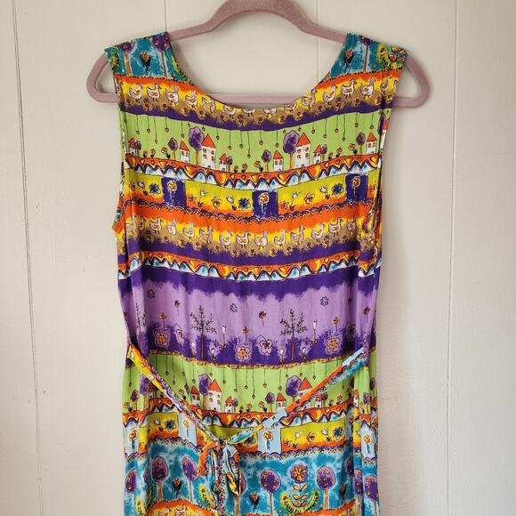 Vintage 90s Farm Cottage Cactus Flower Chicken Dress Maxi XL Purple Green - Picture 8 of 9